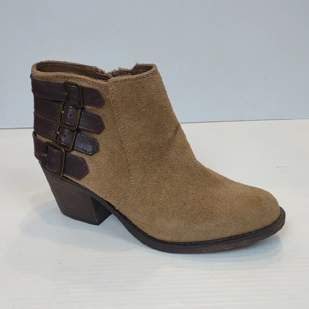 Crown Vintage Women's Joie Tan Suede Side Zip Strap/Buckle Detail Ankle Boots